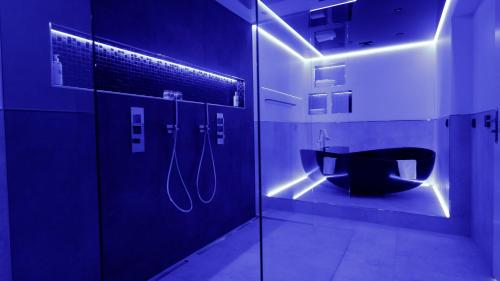 a bathroom with a shower with a black toilet at High Class Suites Mazuria in Mrągowo