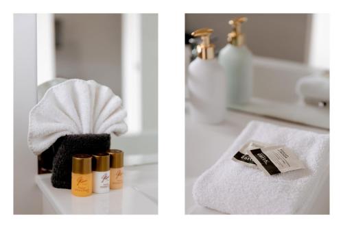 two pictures of a bathroom with towels and a sink at Avalon Motel Thames - Wenzel Motels in Thames