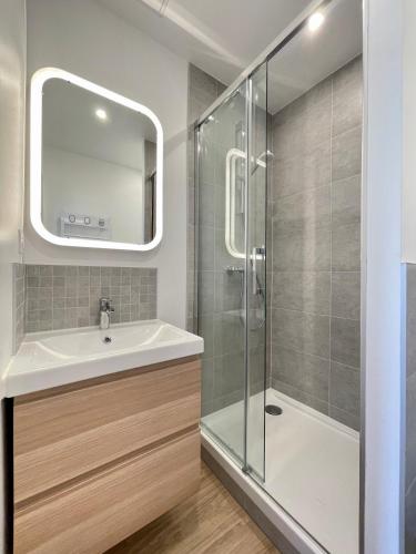 une salle de bain avec un lavabo et une douche dans l'établissement Vaissette by Yumē, à Toulouse
