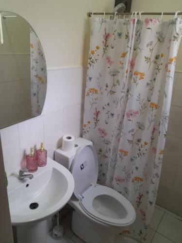 y baño con aseo, lavamanos y cortina de ducha. en Bayswater subdivision guest house .., en Agus