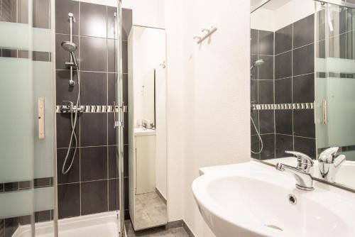 une salle de bain avec une douche, un lavabo et un miroir dans l'établissement Oasis Mulhousien - RDC, wifi, parking, à Mulhouse