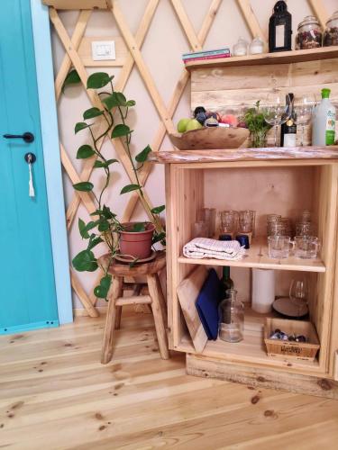 a wooden shelf with a plant in a room at Love Frequency - יורט קסום במתת in Mattat