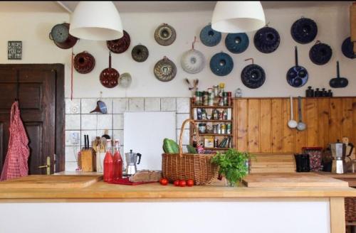 una cucina con pentole e padelle appese al muro di Monika am Masenberg a Vorau