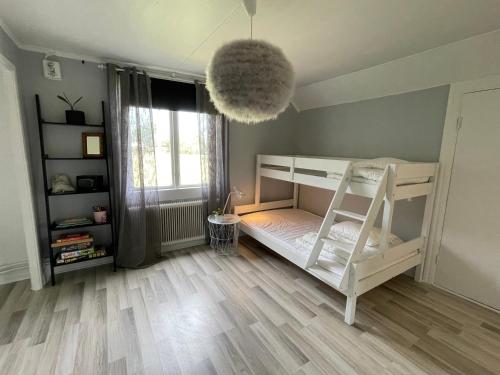 Cette chambre dispose de lits superposés et d'une fenêtre. dans l'établissement Semesterhus i Småland, à Söderåkra