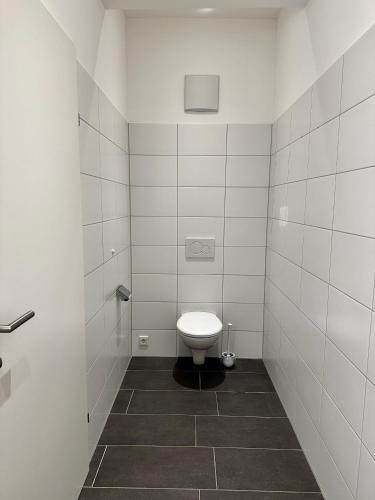 a white bathroom with a toilet in a room at Wohnen über den Dächern von Bregenz in Bregenz