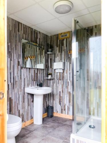 a bathroom with a sink and a toilet and a shower at Shire the Shepherd's Hut at Pentref Luxury Camping in Penuwch