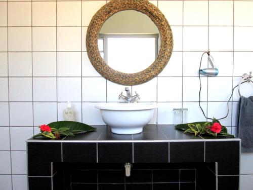 La salle de bains est pourvue d'un lavabo et d'un miroir. dans l'établissement Gabus Safari Lodge, à Otavi