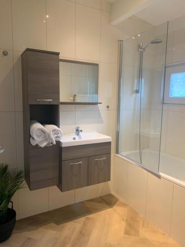 La salle de bains est pourvue d'un lavabo et d'une douche. dans l'établissement Boshof 5 in bosrijke, rustige omgeving!, à Ermelo