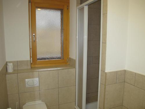 uma casa de banho com um chuveiro, um WC e uma janela. em Residenz Plein Ciel, Wohnung CAPRICORNE VEYS240 em Veysonnaz