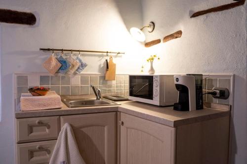 a kitchen counter with a microwave and a sink at Casa storica Austis, Sardegna in Austis