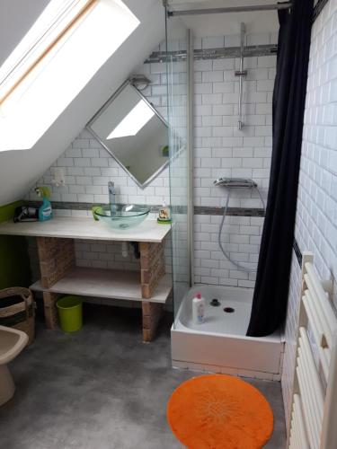 een badkamer met een douche, een wastafel en een bad bij gite Conan in Plourivo