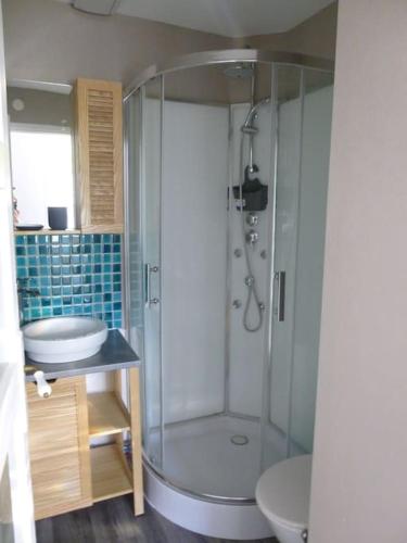 une salle de bain avec une douche, des toilettes et un lavabo dans l'établissement Les volets rouges, à Sémoy