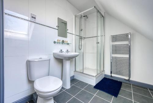 a bathroom with a toilet and a shower and a sink at NEC Exhibitor Home, Stay near Birmingham Airport in Birmingham