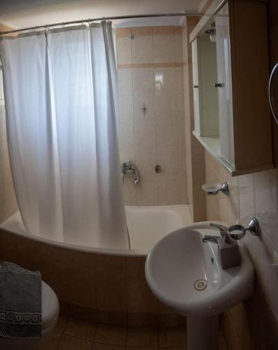 a bathroom with a shower and a sink and a tub at Sunflower in Kissamos