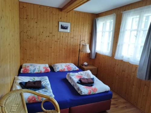 two beds in a room with wooden walls and windows at Penzion Sportka 