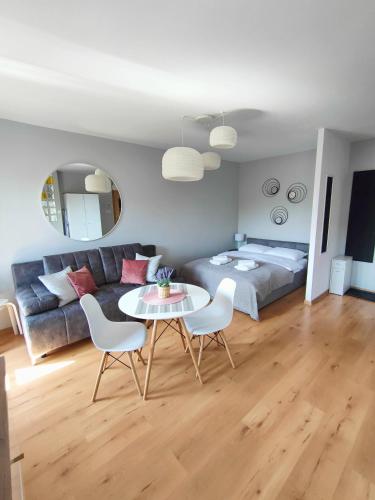 a living room with a bed and a table and chairs at Olly Apartament PARKING i BALKON Ciechocinek in Ciechocinek