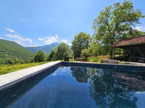 une piscine avec de l'eau bleue devant une maison dans l'établissement Faites le plein de nature !, à Arbon