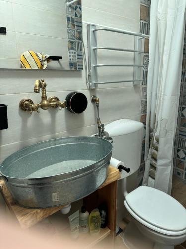 La salle de bains est pourvue d'un lavabo et de toilettes. dans l'établissement Venezia in Abruzzo, à Archi