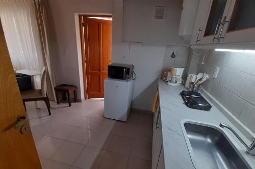 una pequeña cocina con fregadero y refrigerador. en Hermoso loft en Barrio Bombal en Mendoza