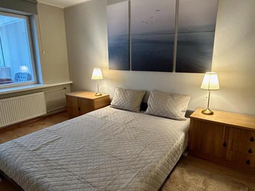 a bedroom with a large bed with two lamps at Omulīgs dzīvoklītis Āgenskalnā in Rīga