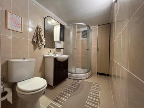 a bathroom with a toilet and a sink and a shower at Chic Villa with Terrace and Rooftop in Izmir in İzmir