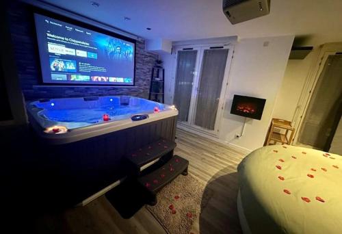 a room with a large tv and a large entertainment center at Appartement Love Room/Jacuzzi in Toulouse