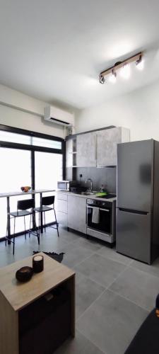 uma cozinha com um frigorífico de aço inoxidável e uma mesa em Giannis Studio em Tessalônica