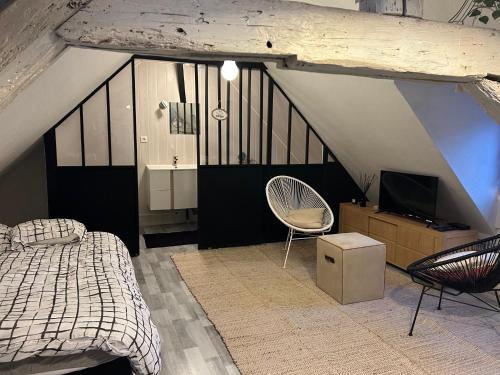 een slaapkamer met een bed, een tv en een stoel bij LE LOFT DU DOUBS in Besançon