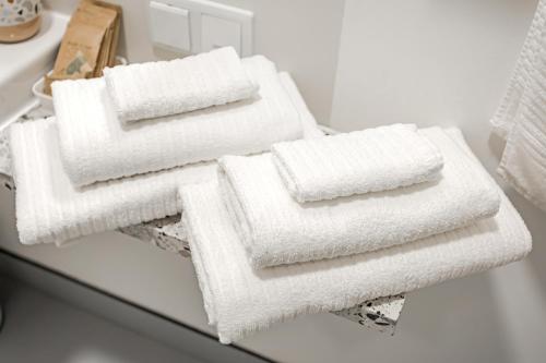 華沙的住宿－EMILY STUDIO，浴室的柜台上摆放着三条白色毛巾
