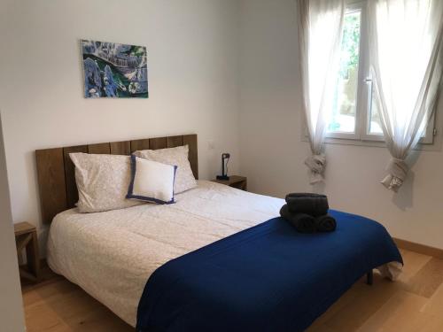 a bedroom with a large bed with a blue blanket at Villa de la Tour in Bellegarde