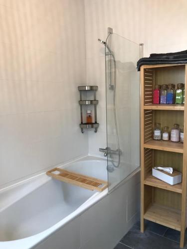 a bathroom with a shower and a bath tub at Villa de la Tour in Bellegarde
