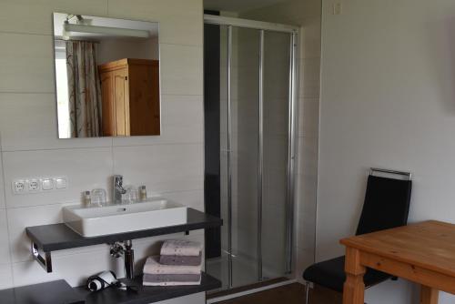 uma casa de banho com um lavatório e uma cabina de duche em vidro. em Sunseitn Apartments em Gosau