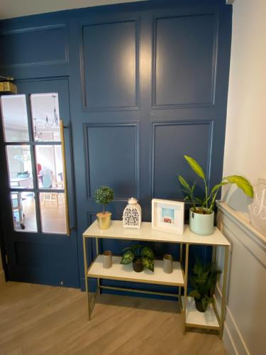 a room with a blue wall and a shelf with plants at The Town House Hotel in Naas