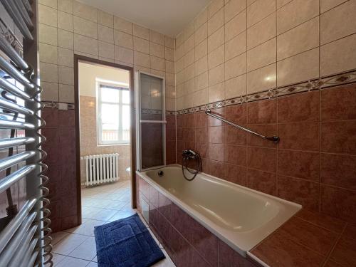 a large bathroom with a tub and a shower at Penzion Pod Ždánovem in Nezdice