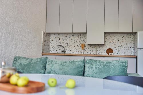 a kitchen with a counter with apples on a table at Best Apartments on Kyryla & Mefodia in Mukacheve