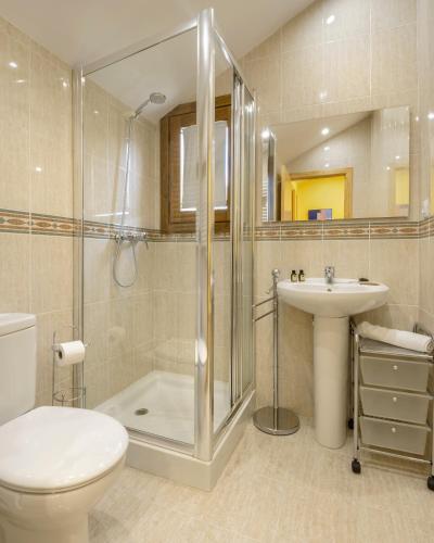 a bathroom with a toilet a sink and a shower at Atico la Espata Villanua in Villanúa