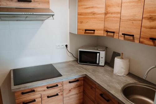 a kitchen with a sink and a microwave at Noclegi Przy Stacji in Nowy Dwór Mazowiecki