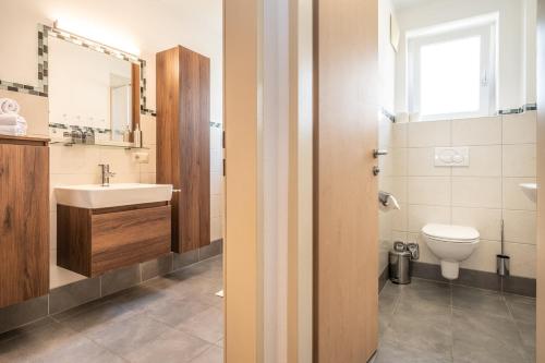 a bathroom with a sink and a toilet at Alpha Apartments in Schwarzach im Pongau