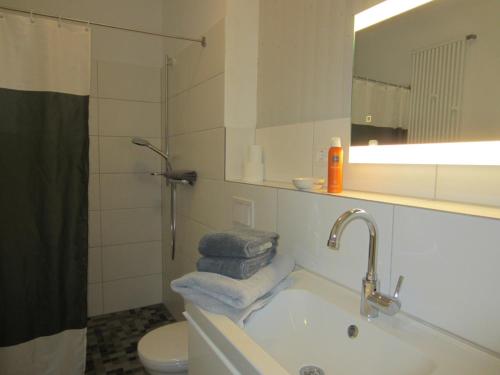 a bathroom with a sink and a toilet and a mirror at K9 Wohnungen in Münster