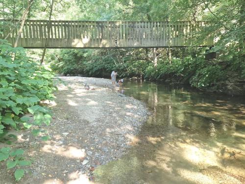 a person standing under a bridge over a river at Maison au calme avec jardin et parking privé in Rouairoux