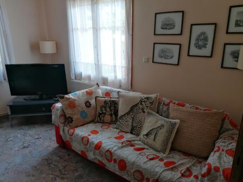 un soggiorno con divano, cuscini e TV di Genesis a Kastraki
