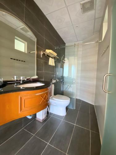 a bathroom with a toilet and a sink and a mirror at Conson Hotel in Con Dao