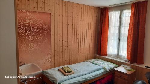 a room with a bed and a sink and a window at Gasthof Freienhof in Hellsau