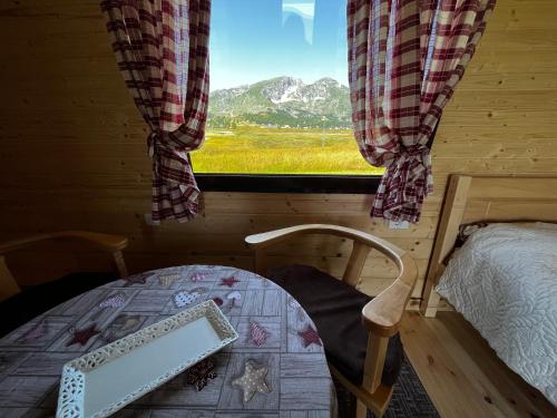 1 dormitorio con ventana y vistas a la montaña en Durmitor cottage in green field-Mountain cottage, en Žabljak