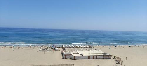 un groupe de personnes sur une plage près de l'océan dans l'établissement Grand appartement standing front de mer 90 m2, à Canet