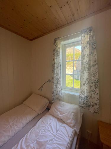 Habitación pequeña con 2 camas y ventana en Bjørgo Gard - Stegastein, en Aurland
