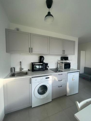 une cuisine avec une machine à laver et un évier dans l'établissement Cosy studio Chessy 9min Disneyland, à Chessy