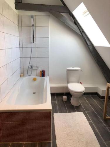 une salle de bain avec toilettes et baignoire dans l'établissement La Michellière à Continvoir, à Continvoir