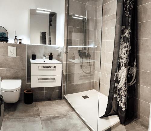 a bathroom with a shower and a toilet and a sink at Le cocon Blånc Metz - T2 - Parking privé - Balcon - Nouvelle Ville, Gare - 2 à 4 personnes in Metz