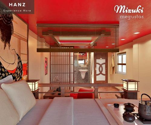 a living room with a red ceiling and a living room at HANZ MeGusta Hotel Ben Thanh in Ho Chi Minh City